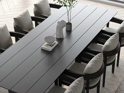 Black Dining Table And Six Chairs With Gray Cushions Decorative Items In Bright Indoor Setting 3d model