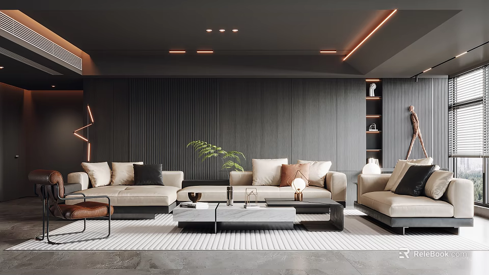 Modern Living Room Interior Design With Dark Striped Walls Ceiling Light Strips And Beige Sofas 3d model 