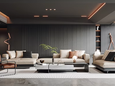 Modern Living Room Interior Design With Dark Striped Walls Ceiling Light Strips And Beige Sofas 3d model