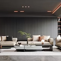 Modern Living Room Interior Design With Dark Striped Walls Ceiling Light Strips And Beige Sofas