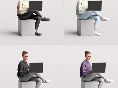 Women Sitting On White Cube Using Laptop In Different Casual Outfits 3d model