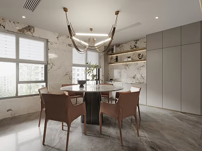 Modern Restaurant Interior With Round Table Brown Chairs Chandelier Windows And Wall Decor 3d model