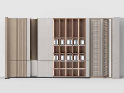 Modern Background Wall Design With Wooden Grid Shelves And Striped Panels 3d model