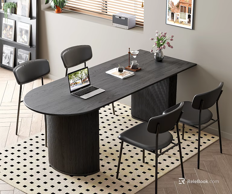 Modern Dining Table Set with Black Chairs Laptop Vase and Flowers Unique Leg Design 3d model 
