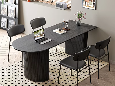 Modern Dining Table Set with Black Chairs Laptop Vase and Flowers Unique Leg Design 3d model