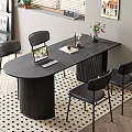Modern Dining Table Set with Black Chairs Laptop Vase and Flowers Unique Leg Design
