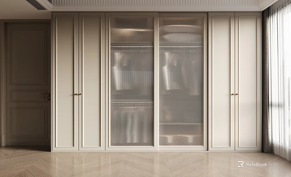 Modern White Sliding Door Wardrobe with Glass Panels and Minimalist Design 3d model 