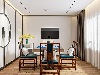 New Chinese Chess and Cards Room Mahjong Room Multifunctional Room Entertainment Room Mahjong Table Single Chair Decorative Cabinet Background Wall 3d model