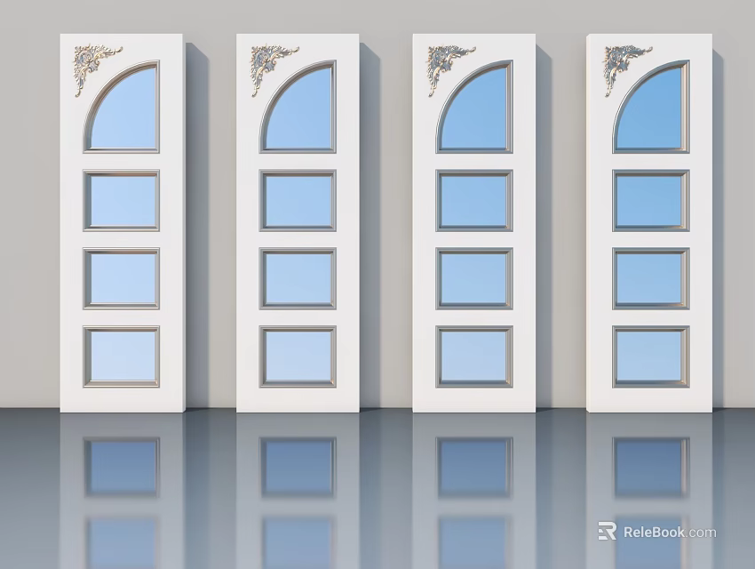 White Hinged Doors With Decorative Arched Top And Glass Panel Design 3d model 
