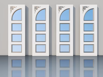 White Hinged Doors With Decorative Arched Top And Glass Panel Design 3d model