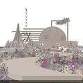 Wedding Banquet Hall With Floral Decorations Curved Walkway And Moon Backdrop Stage