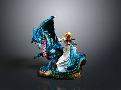 Woman in White Dress Holding Staff with Blue Dragon Decorative Statue 3d model