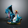 Woman in White Dress Holding Staff with Blue Dragon Decorative Statue