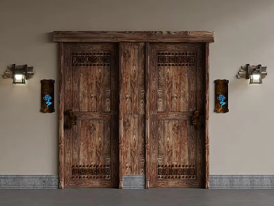 Wooden Double Hinged Doors With Decorative Carvings And Wall Sconces 3d model
