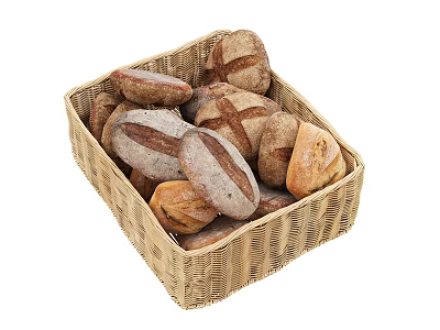 Fresh Assorted Bread Loaves in Wicker Basket with Rustic Crusts and Varied Shapes 3d model
