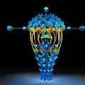 Intricate Blue Geometric Sculpture with Golden Lines and Crystal Like Structure Design