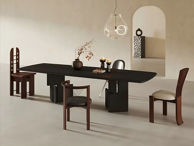Modern Black Dining Table Set With Wooden Chairs Vase Candles And Pendant Light 3d model