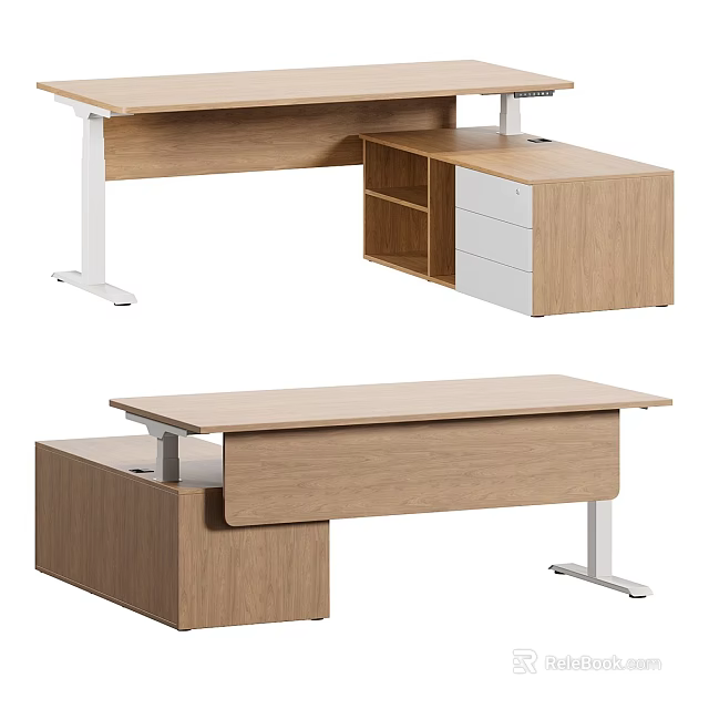Modern Wooden Office Desk Design With Storage Drawers And Metal Legs 3d model 
