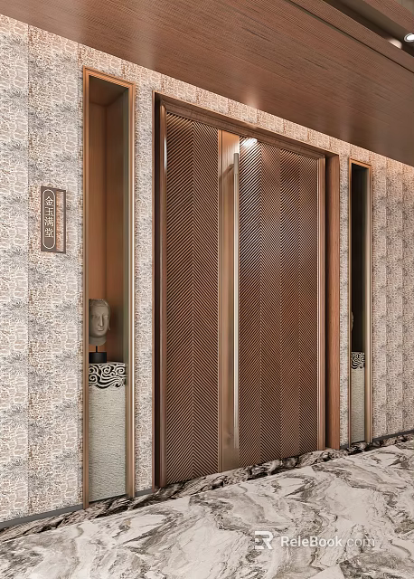 Elegant Modern Double Door With Herringbone Pattern And Marble Wall Decorations 3d model 