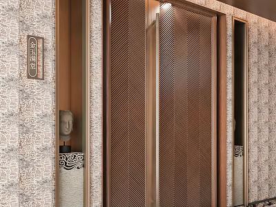 Elegant Modern Double Door With Herringbone Pattern And Marble Wall Decorations 3d model