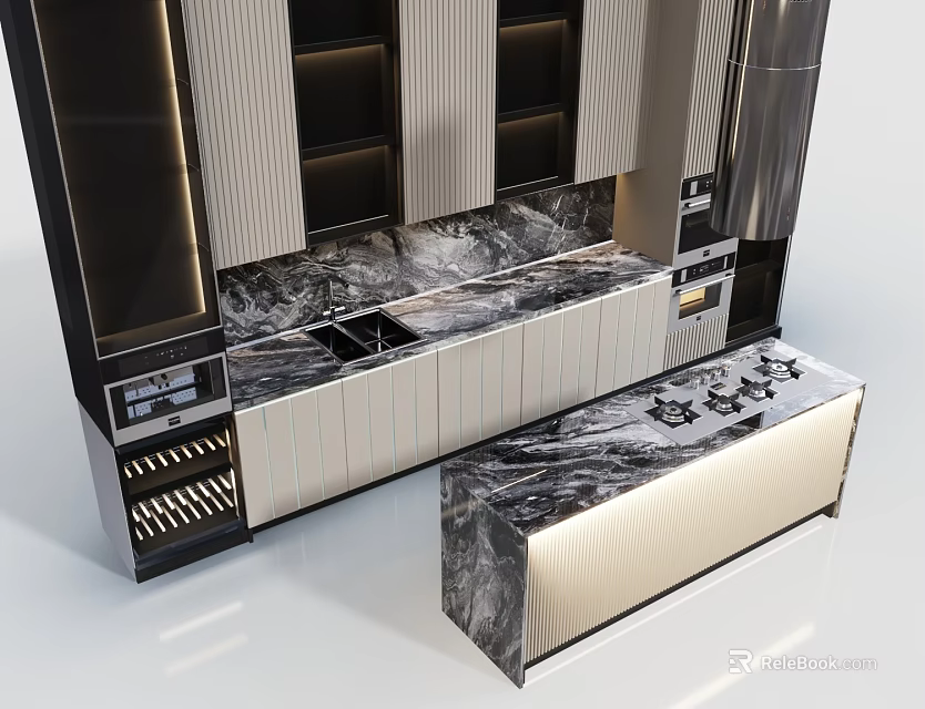 Sleek Modern Kitchen Interior Featuring Marble Countertop Island And Premium Cabinets 3d model 