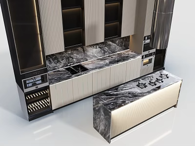 Sleek Modern Kitchen Interior Featuring Marble Countertop Island And Premium Cabinets 3d model