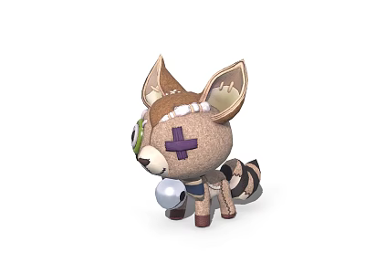 Game Movie Cartoon Raccoon Character with Cross Patch Eyes Bell and Blue Scarf 3d model