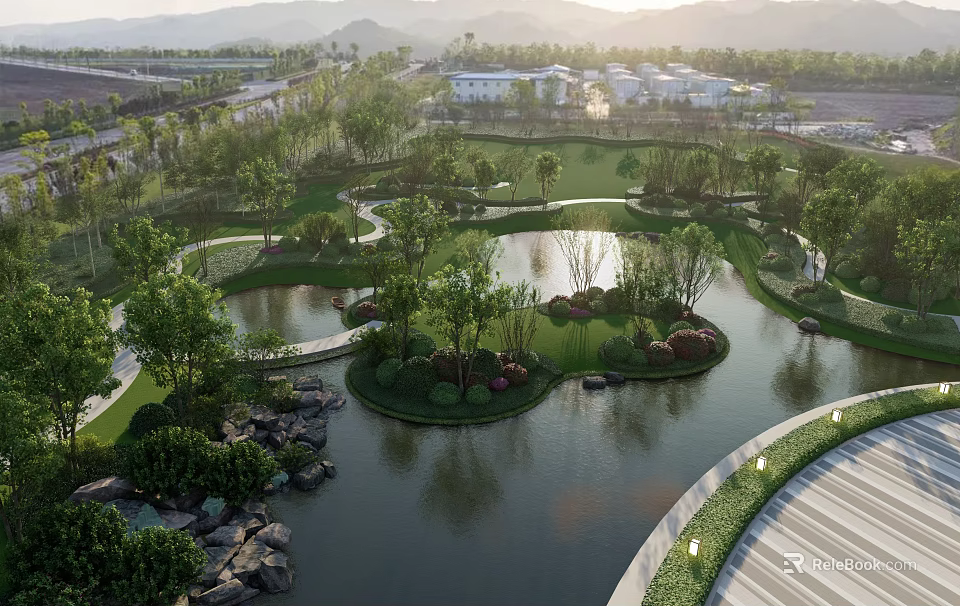 Waterfront Landscape Design With Scenic Lakeside Islands Lush Greenery And Walking Paths 3d model 