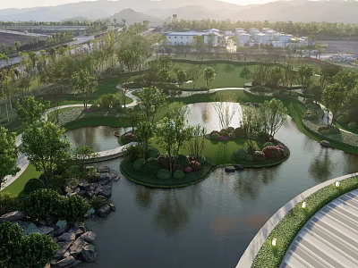 Waterfront Landscape Design With Scenic Lakeside Islands Lush Greenery And Walking Paths 3d model