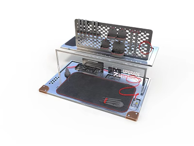 Modern Computer Workstation Setup With Metal Stand Transparent Panel Keyboard Mouse Pad And Cables 3d model
