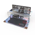 Modern Computer Workstation Setup With Metal Stand Transparent Panel Keyboard Mouse Pad And Cables