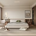 Cozy Bedroom Interior With Neutral Bed Green Pillow Wooden Nightstands Soft Rug And Framed Artwork