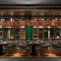 Modern Restaurant Interior Featuring Green Pillars Black Shiny Ceiling Central Counter And Stylish Stools