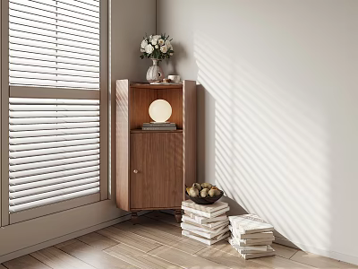 Wooden Decorative Cabinet With Moon Decoration Vase Flowers And Book Stack By Window Blinds 3d model
