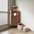 Wooden Decorative Cabinet With Moon Decoration Vase Flowers And Book Stack By Window Blinds
