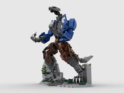 Blue And Brown Mechanical Robot Figure Constructed With Detailed Building Blocks 3d model