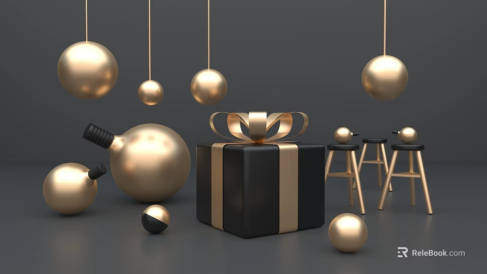 Luxury Decorative Hanging And Floor Gold Spheres With Black Gift Box Gold Ribbon Bow Stools 3d model 