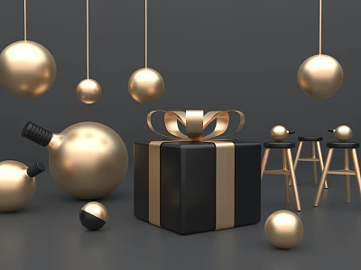 Luxury Decorative Hanging And Floor Gold Spheres With Black Gift Box Gold Ribbon Bow Stools 3d model