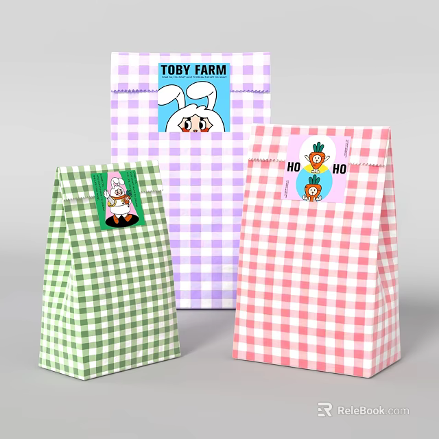 Cute Gingham Gift Bags With Green Purple Red Checkered Patterns And Cartoon Graphics 3d model 