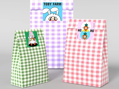 Cute Gingham Gift Bags With Green Purple Red Checkered Patterns And Cartoon Graphics 3d model