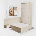 Modern Minimalist Bedroom Interior With Platform Bed Wall Art Hanging Lamp And Wardrobe