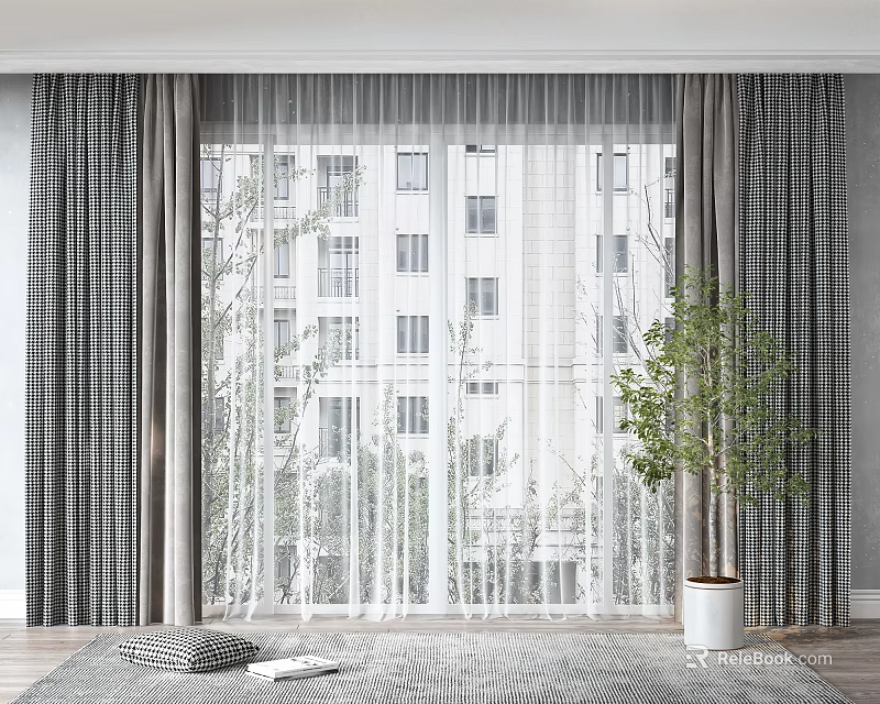 Gray Plaid Curtains With White Sheer And Indoor Plant By Window With Tall Buildings View 3d model 
