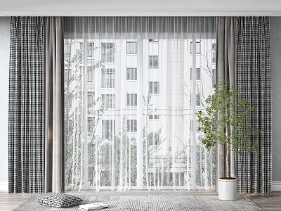 Gray Plaid Curtains With White Sheer And Indoor Plant By Window With Tall Buildings View 3d model