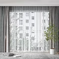 Gray Plaid Curtains With White Sheer And Indoor Plant By Window With Tall Buildings View