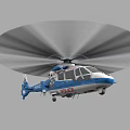 Blue and White Police Helicopter with Rotating Rotor Blades and Police Insignia