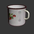 White Enamel Mug With Black Rim And Strawberry Green Leaf Pattern For Daily Use