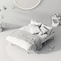 Cozy Double Bed With Pillows Blanket Slippers And Side Table With Fruits On Soft Rug