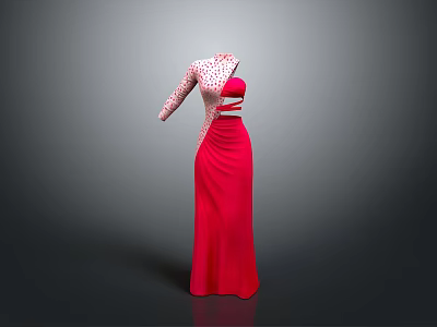 Red Long Dress With Cut Out Waist And Polka Dot Long Sleeves Design 3d model