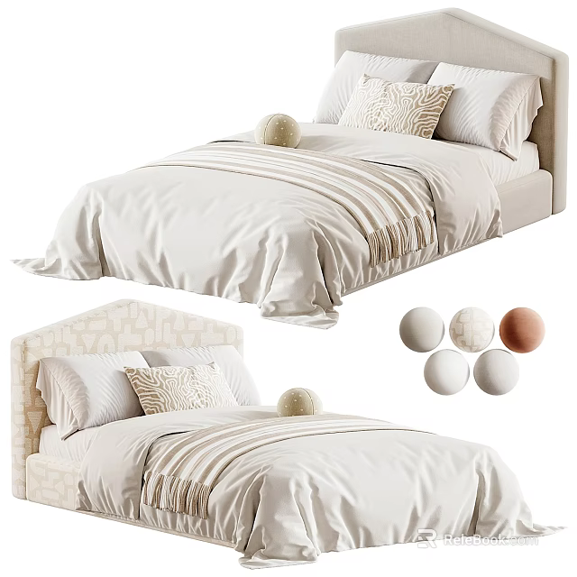 Minimalist Single Bed Interior With Linen Bedding Decorative Balls And Upholstered Headboard 3d model 