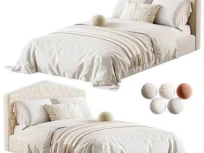 Minimalist Single Bed Interior With Linen Bedding Decorative Balls And Upholstered Headboard 3d model